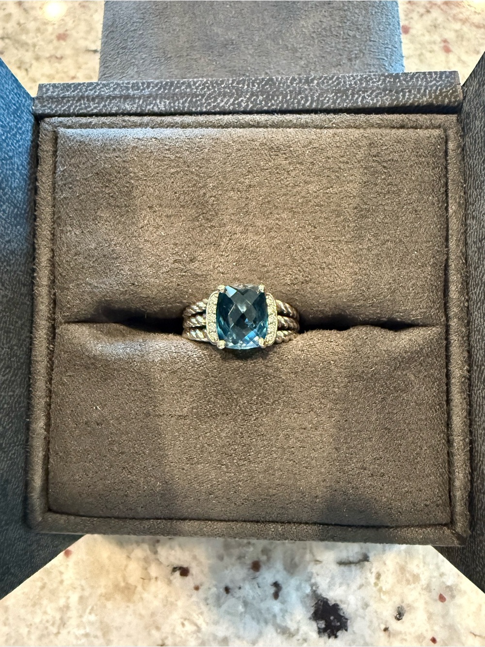 DAVID YURMAN Sterling Silver Hampton Blue Topaz Cushion Ring with Pavé Accents
